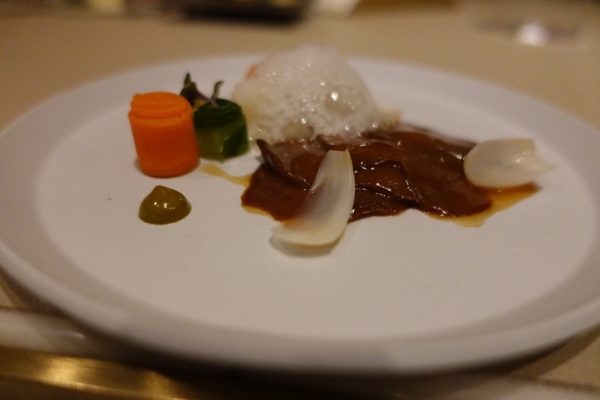 ode to hong kong: dai lin abalone with tuna jus and vegetable ribbons