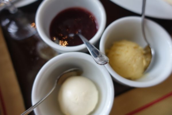 strawberry jam, clotted cream and lemon curd